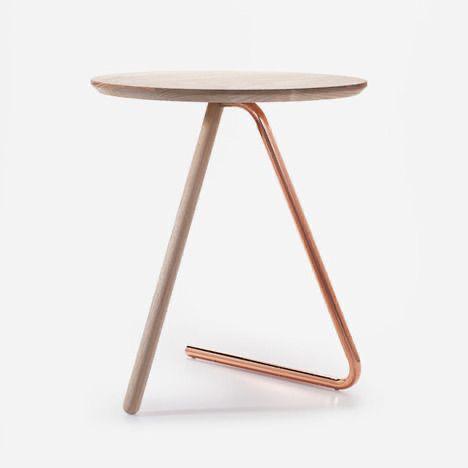 Scandinavian Wood and Copper Accent Table with Tripod Base