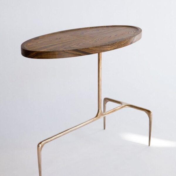 Mid-Century Modern Oval Side Table with Walnut Top and Brass Tripod Base