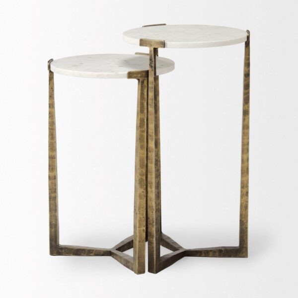 Luxe Nesting Side Tables with Marble Tops and Antique Brass Cross Base