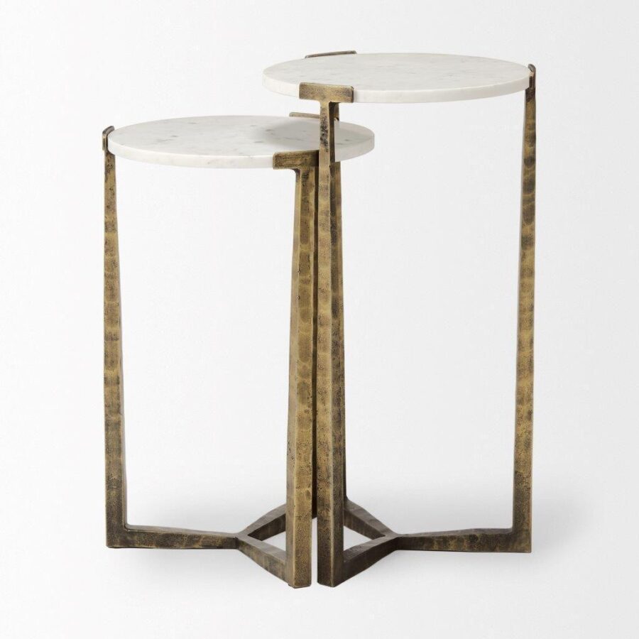 Luxe Nesting Side Tables with Marble Tops and Antique Brass Cross Base