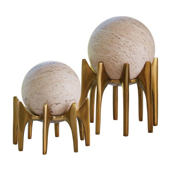 Marble Sphere Sculptures with Gold Stands – Set of 2